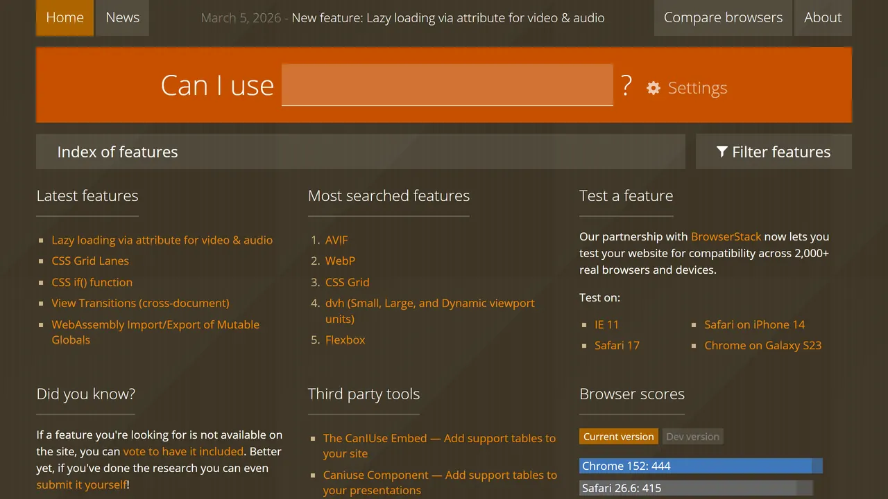 Screenshot of Can I Use