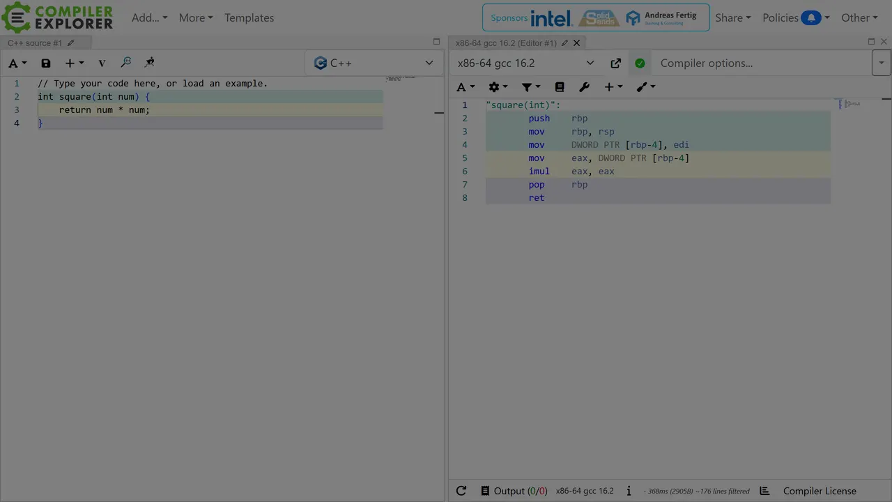 Screenshot of Compiler Explorer