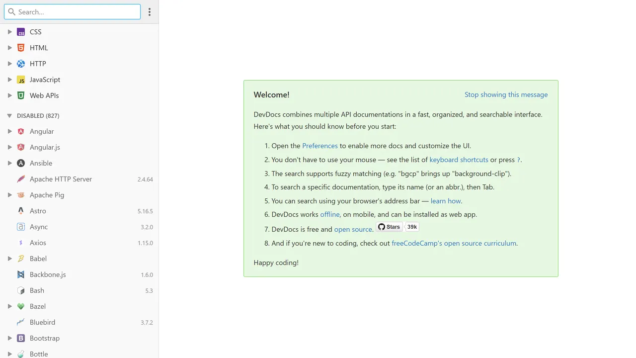 Screenshot of DevDocs