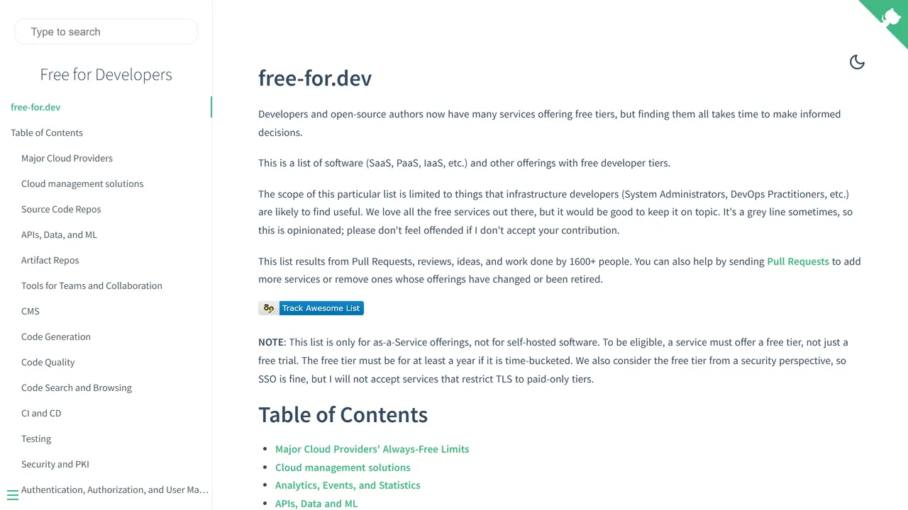 Screenshot of Free for Developers