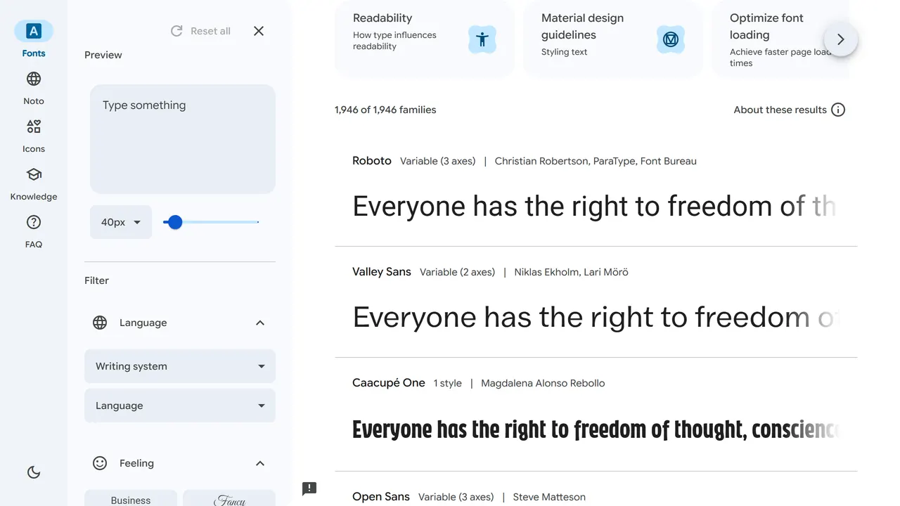 Screenshot of Google Fonts