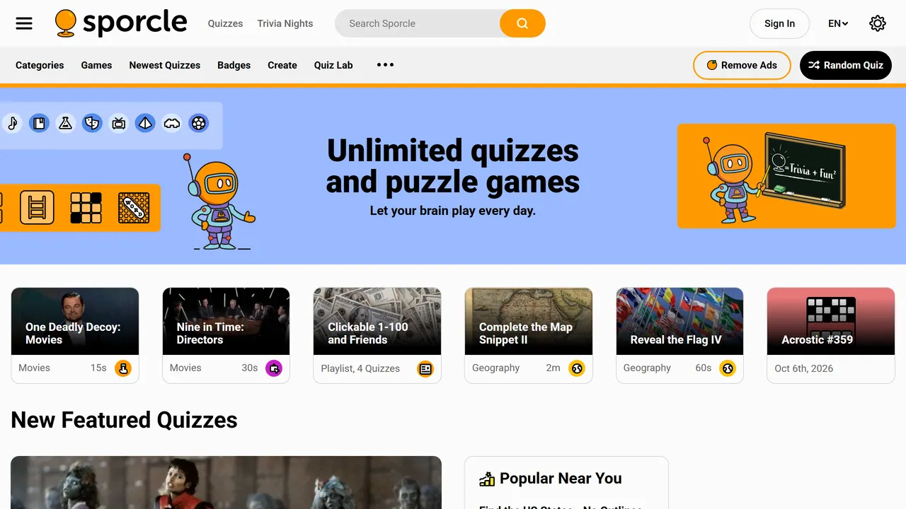 Screenshot of Sporcle
