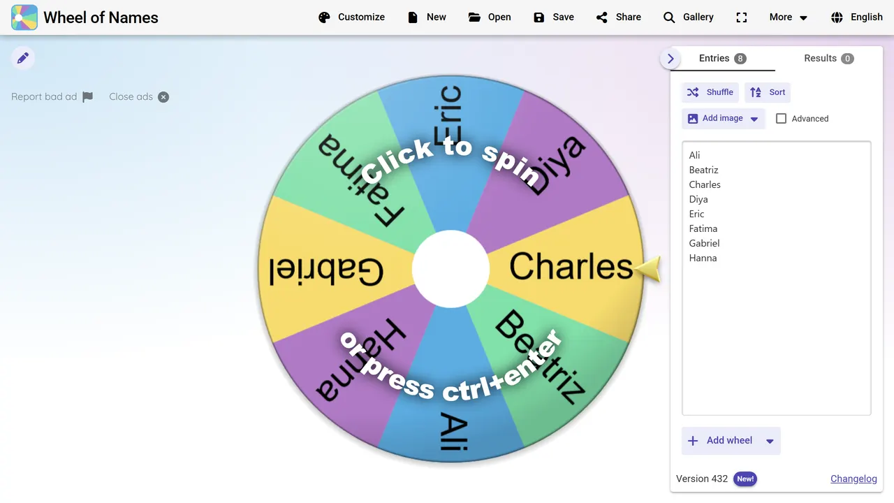Screenshot of Wheel of Names